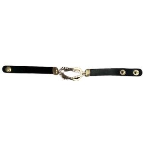 Black Leather and Brushed Gold  with Encrusted Crystals Bracelet w/Snap Closure